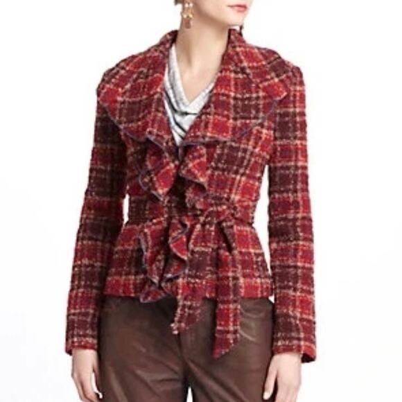 Anthropologie Tabitha Moretown Jackets & Blazers - Anthropologie Tabitha Moretown Plaid Wool Jacket Size 0 Red Casual Workwear NWT